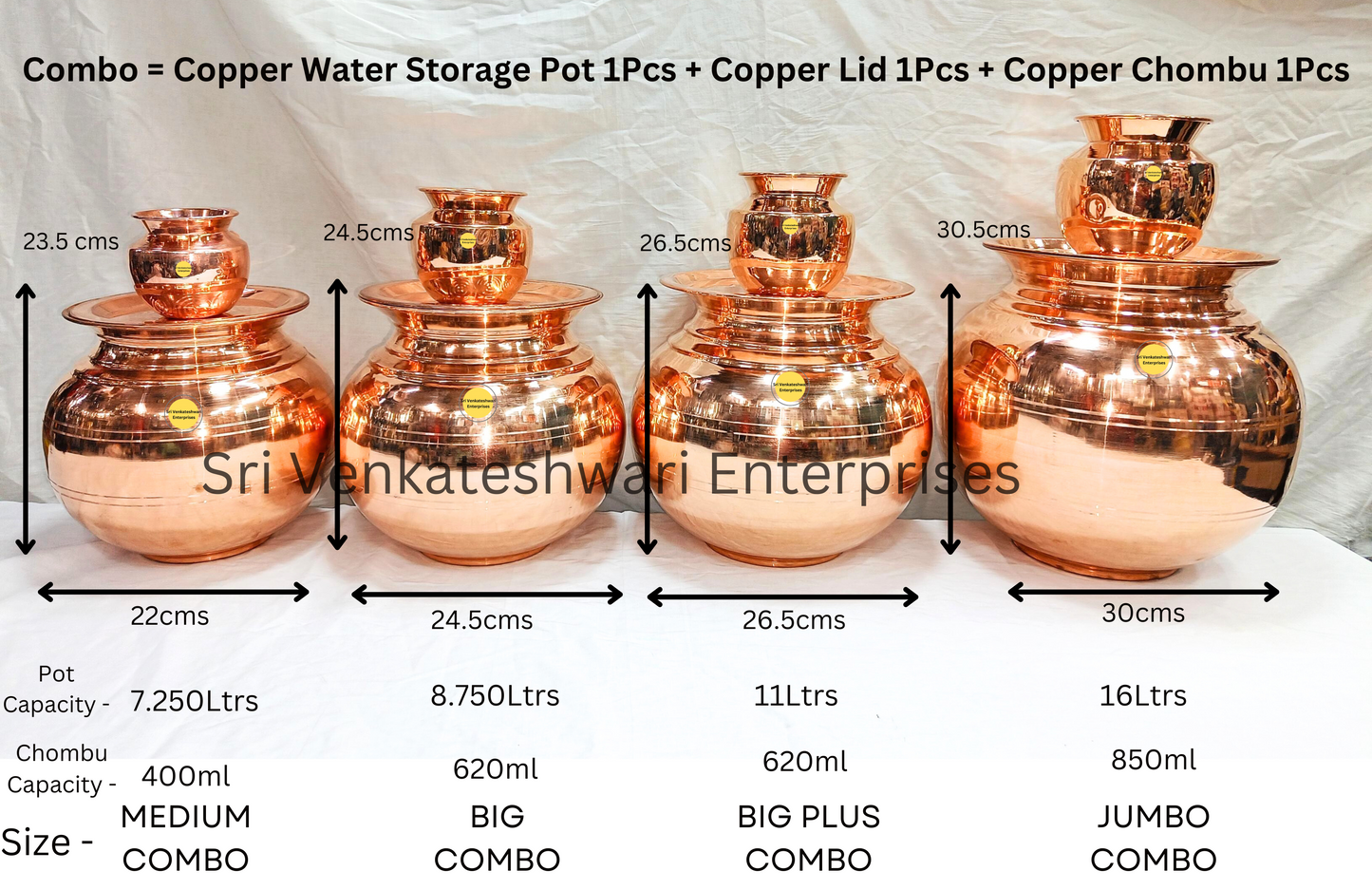 Copper Water Storage Uruli Pot Combo Offer (Copper Pot + Copper Lid + Copper Chombu)