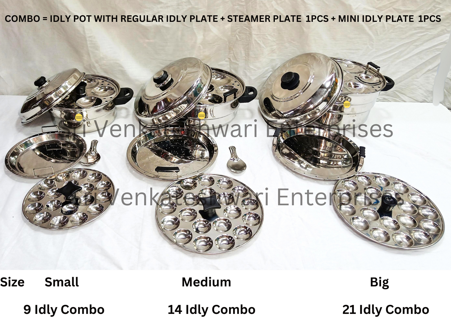 Stainless Steel Idly Pot Combo Offer (Idly Pot With Regular Idly Plate + Steamer Plate + Mini Idly Plate)