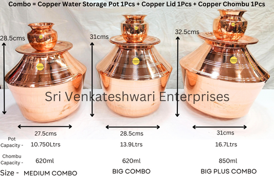 Copper Water Storage Paanai Pot Combo Offer (Pot + Plate + Chombu)