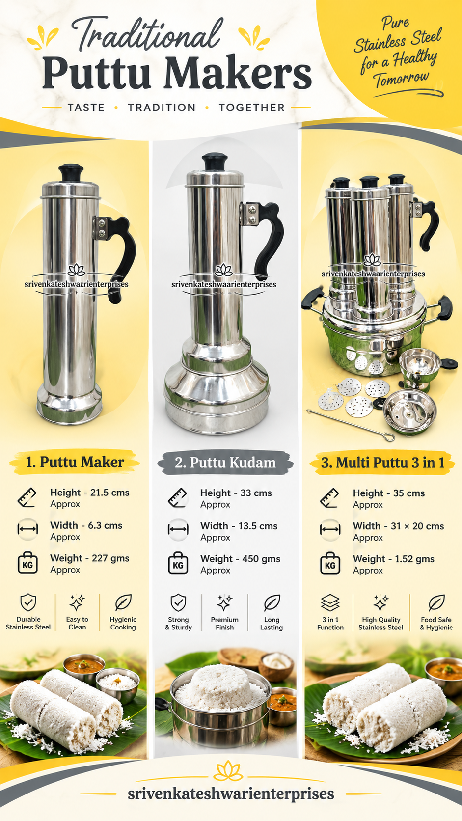 Puttu Maker , Puttu Kudam , 3 in 1 Multi Puttu