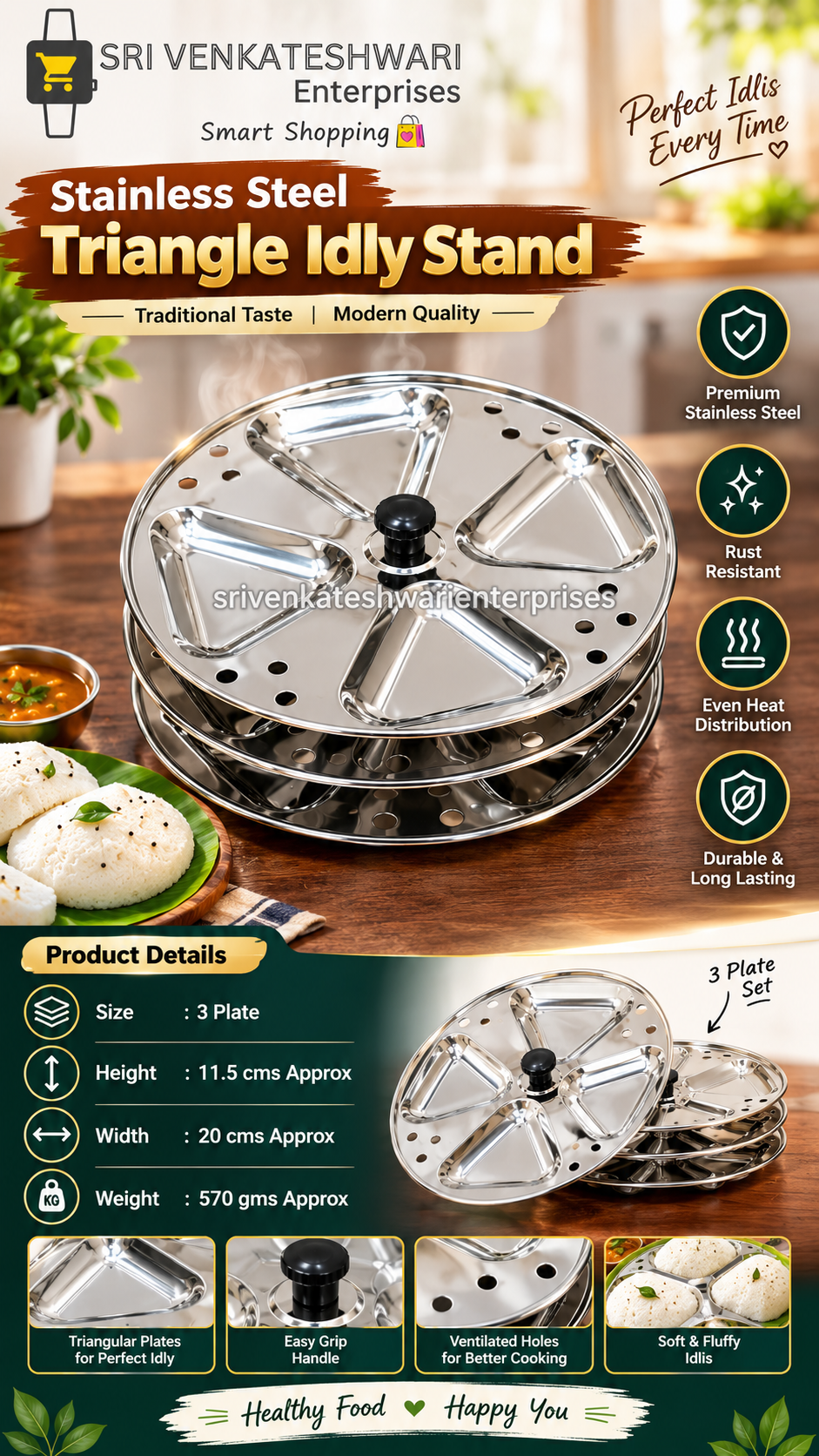 Stainless Steel Triangle Idly Stand